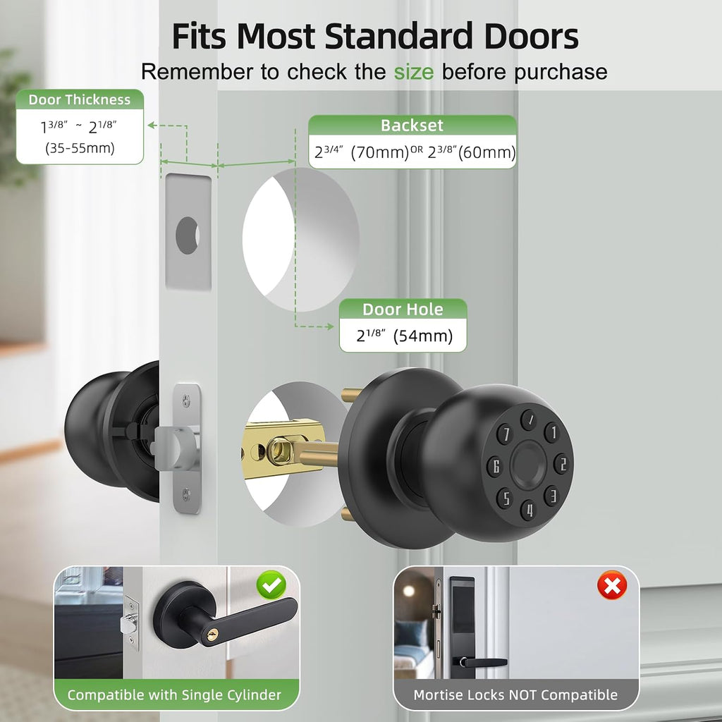 Fingerprint Door Knob, Smart Door Knob, Biometric Door Knob with Code, App Control, Auto Lock, Fingerprint Door