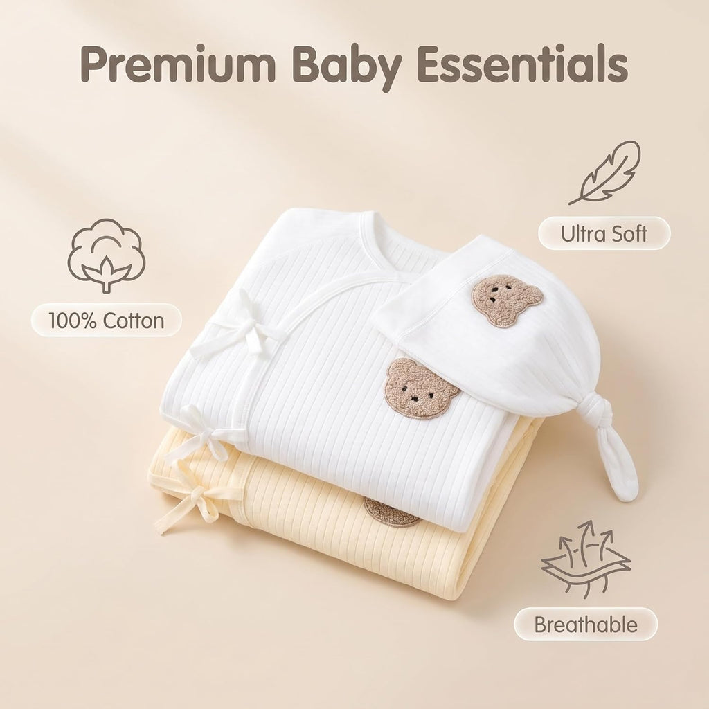 Pack 100% Cotton Baby Clothes Set - Side Kimono Romper with Hat, Essential Coming Home Outfit for Boy Girl