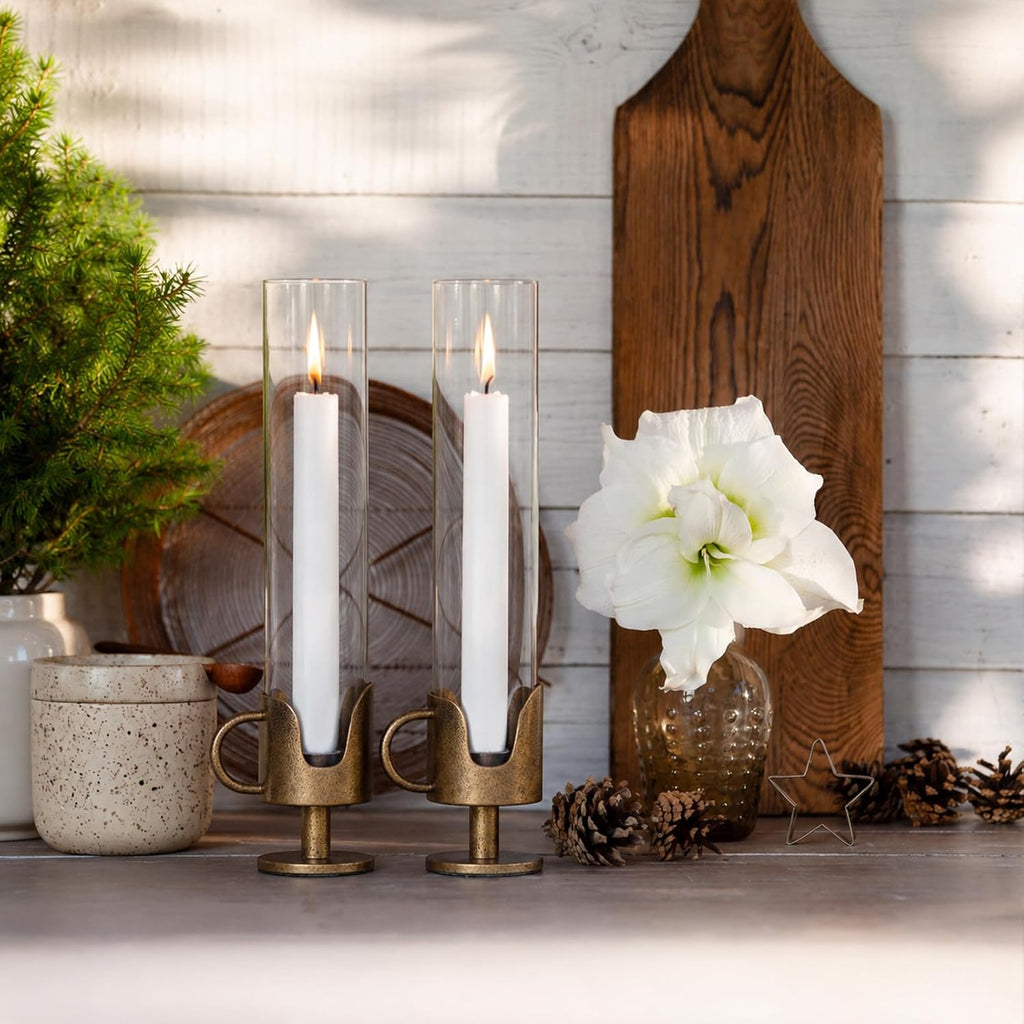 Vintage Cast Iron Hurricane Glass Candle Holder for Taper Candles Set of 2 | Handcrafted Handle Brass Candlestick