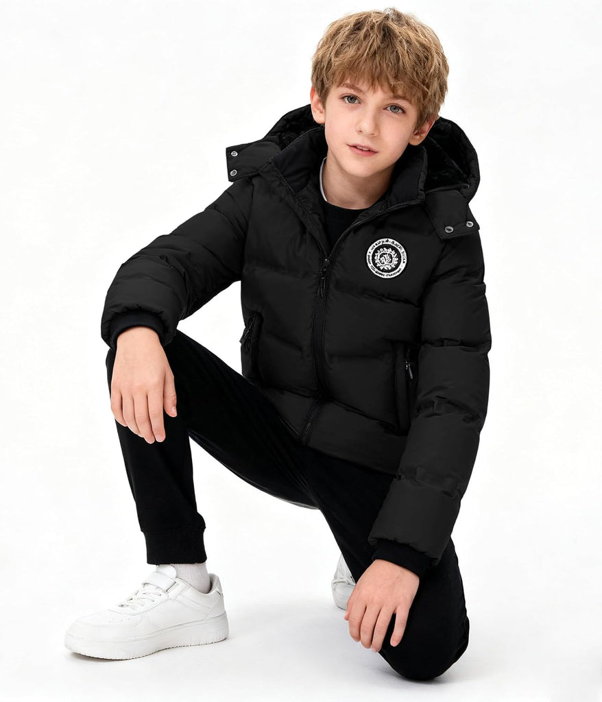 Kids Winter Coat Warm Fleece Thermal Padded Jackets with Detachable Hood Outdoor Puffy Jacket with Zip Pockets