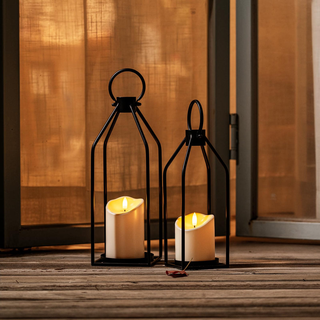 Modern Farmhouse Black Metal Lanterns 2PCS with Flameless Candle