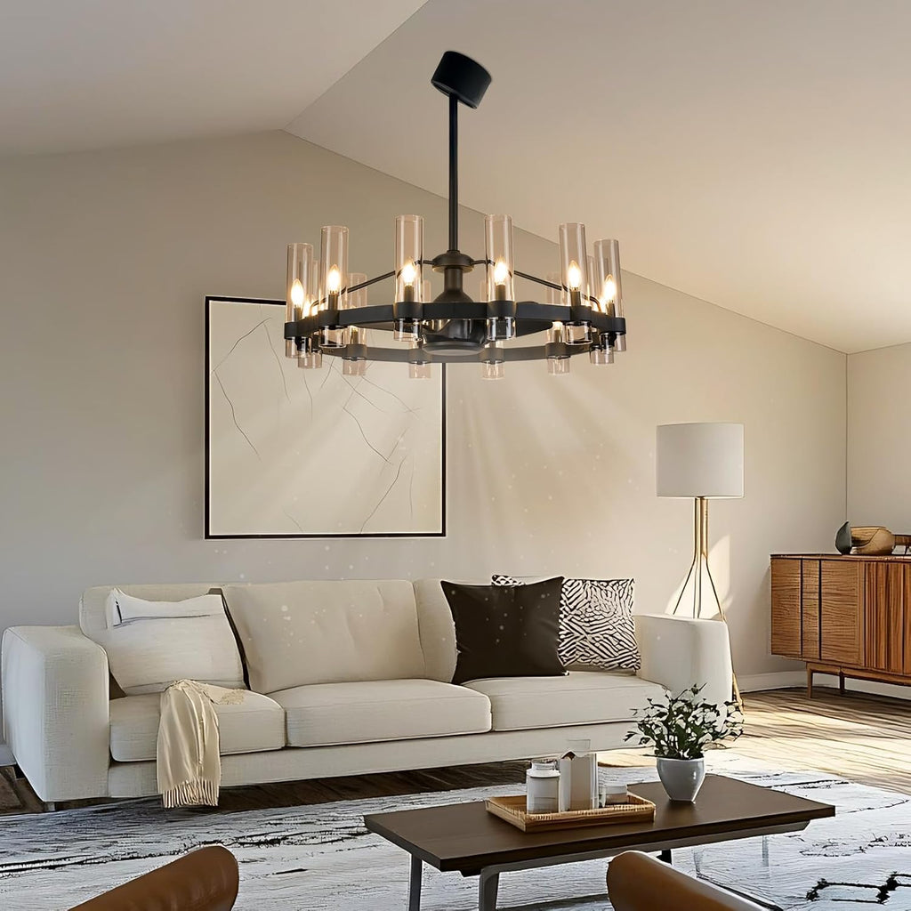 Black Ceiling Fans with 12 Lights Wagon Wheel Chandelier, 38 Inch Modern Farmhouse Fandelier, Quiet 6-Speed Reversible DC Motor, 1/2/4H Remote Timing for Living Room/Bedroom/Kitchen A115-B0F5M79C12