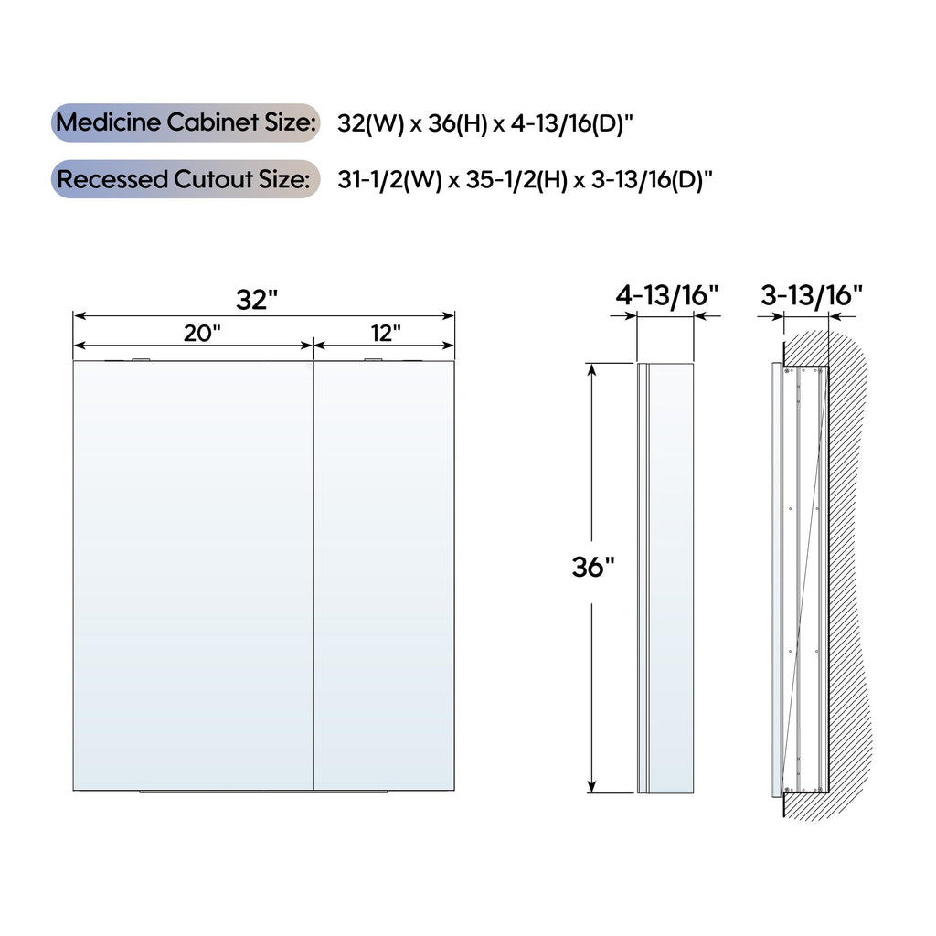 32" x 36" Bathroom Medicine Cabinet with Mirror, Anodized Chrome Aluminum Frame, Surface Mount or Recessed Medicine
