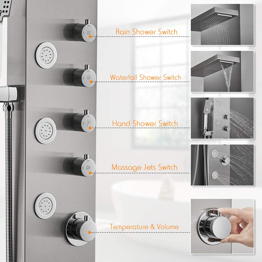 4-in-1 Rainfall Waterfall Shower Panel Tower System, Brushed Finish