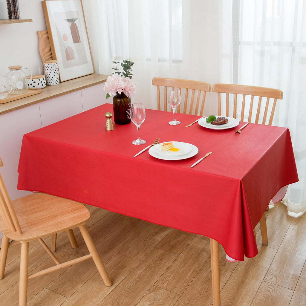 Vinyl Christmas Tablecloth with Flannel Backing, Solid Red, Waterproof, Stain-Resistant, Easy-Clean Table Cover for
