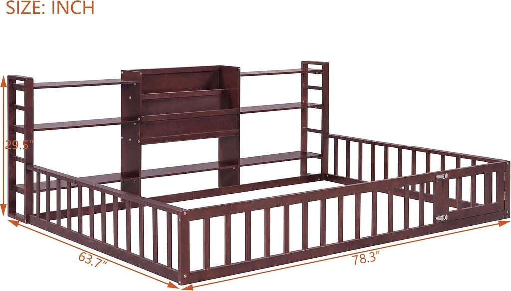 Montessori Floor Bed with Bookcase, Shelves and Fence