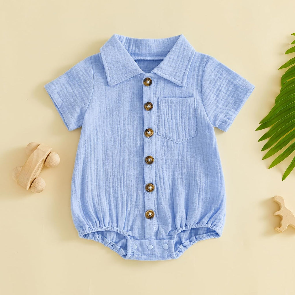 Summer Newborn Baby Boy Cotton Linen Romper Short Sleeve Button Down Jumpsuit Romper One Piece Outfit