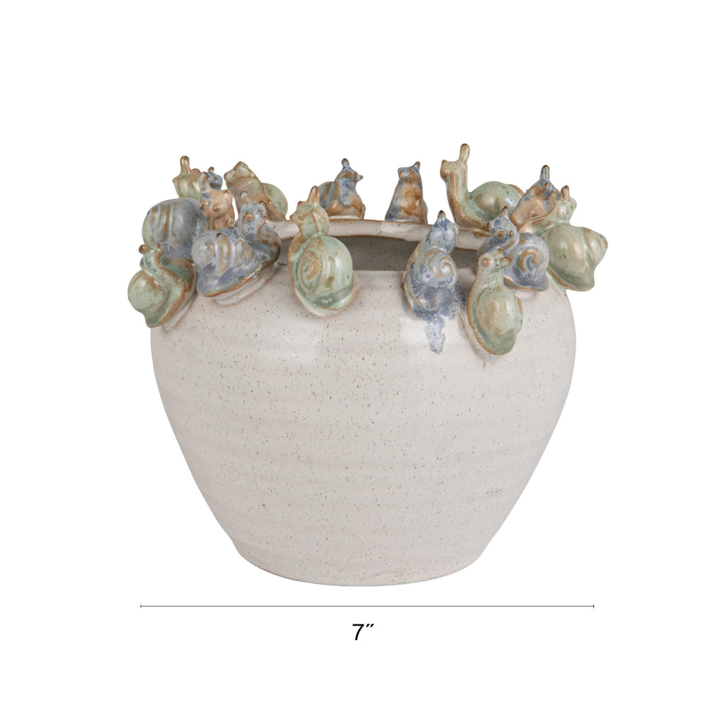 Stoneware Planter with 3D Snails on Rim in Reactive Speckled Glaze, Blue, Green, and Cream Finish
