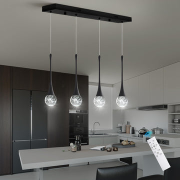 Modern Black Crystal Chandelier Island 4-Lights, Luxury Retangular Dimmable LED Bubble Raindrop Pendant Lighting