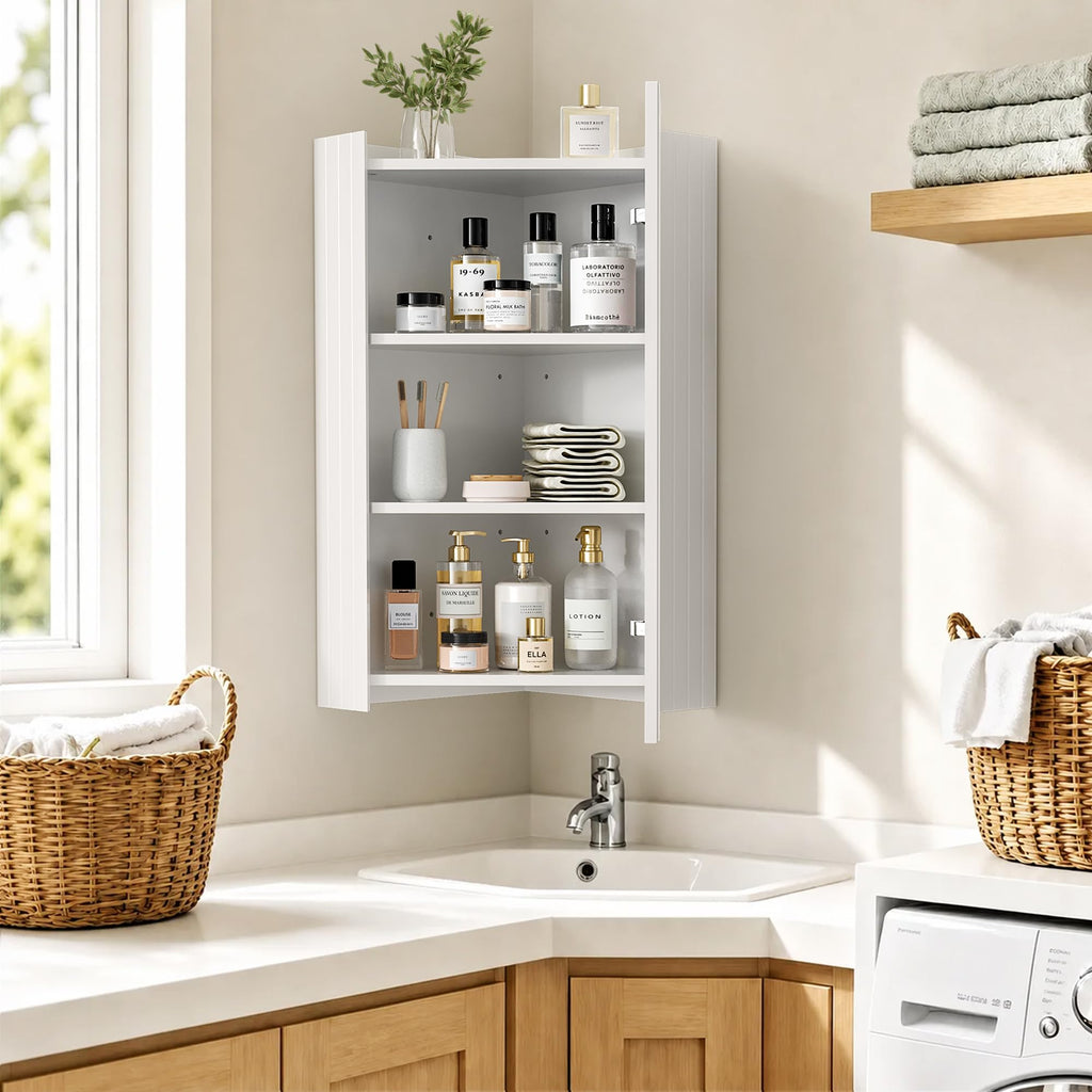 Corner Bathroom Mirror Cabinet, White
