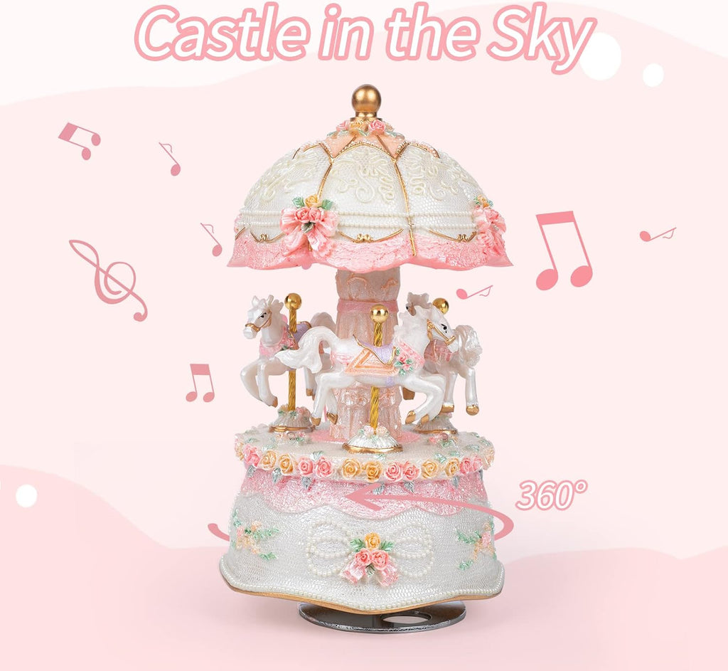Pink Carousel Music Box for Girls: 3 Rotating Horses Colorful Led Lights