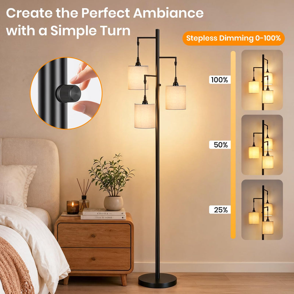 70'' Tall Floor Lamp, 3-Light Black Standing Lamp