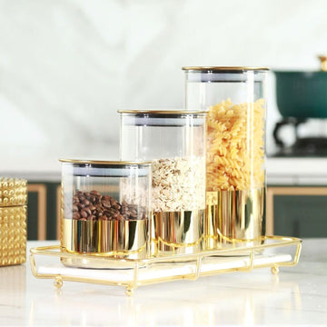 3-Piece Gold-Plated Storage Jars with Gold Lids - Elegant Kitchen Canister Set
