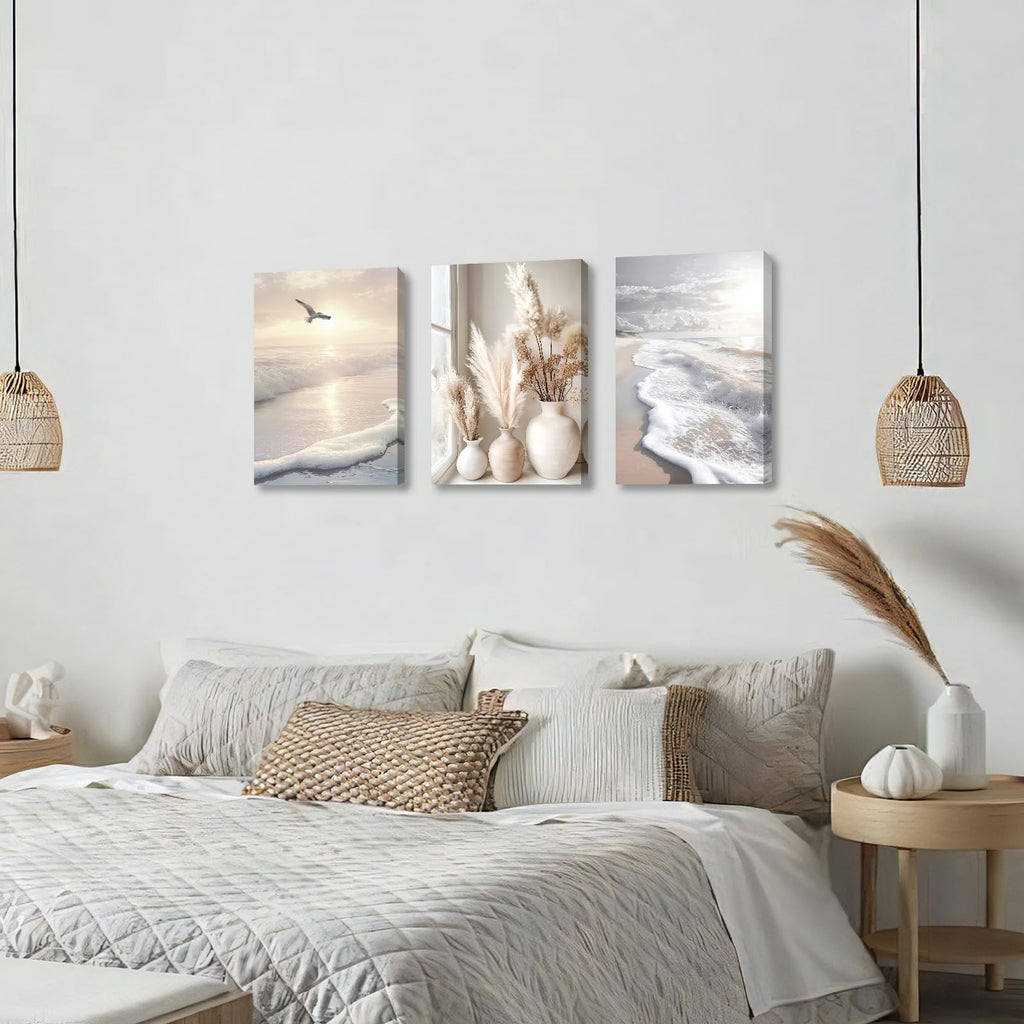 Modern Beige Abstract Beach Botanical Sunset Canvas Wall Art 16"x24"x3