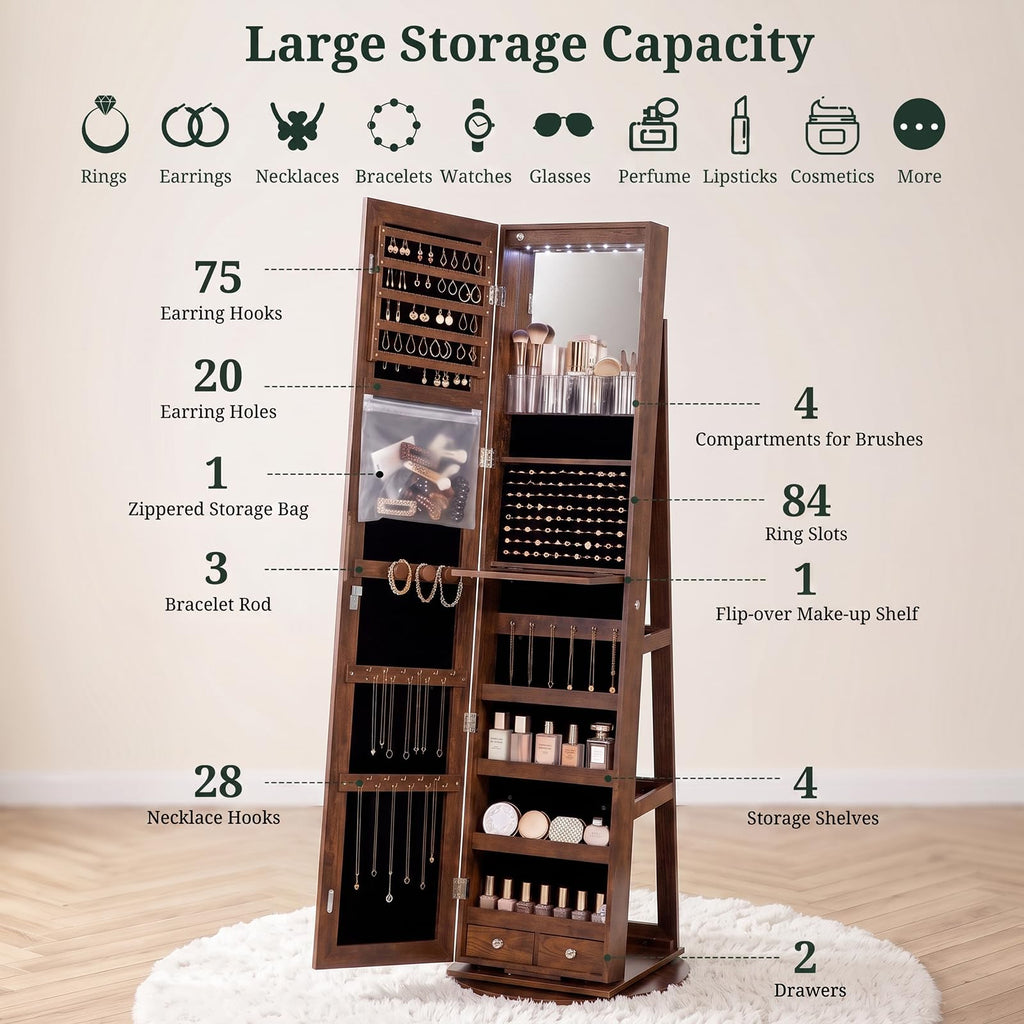 360° Swivel Jewelry Armoire Cabinet with Full Length Mirror, Lockable Jewelry Organizer with 6 LED Vanity Mirror, 3