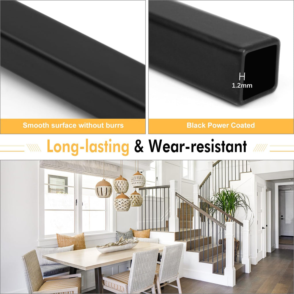 10 Pcs Iron Balusters for Staircase, 1/2" x 36" Wrought Iron Balusters, Metal Square Straight Hollow Iron Spindles