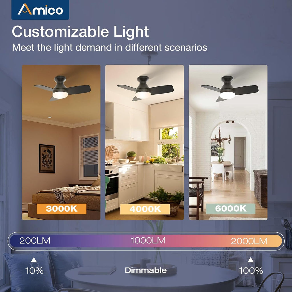 Ceiling Fans with Lights, 30 inch Low Profile Ceiling Fan with Light and Remote Control, Flush Mount, Reversible, 3CCT, Dimmable, Noiseless, Black Ceiling Fan for Bedroom, Indoor/Outdoor Use A102-B0C61K8BCF