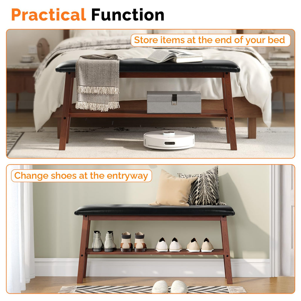 Padded Solid Wood Dining Table Bench with Shoe Rack Storage Walnut