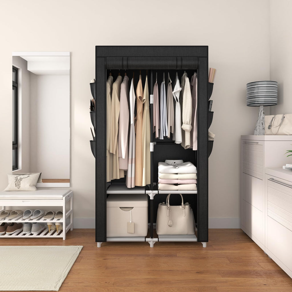 Portable Closet Wardrobe Closet for Hanging Clothes with 4 Storage Shelves, 2 Hanging Rods and 6 Pockets, Stable and