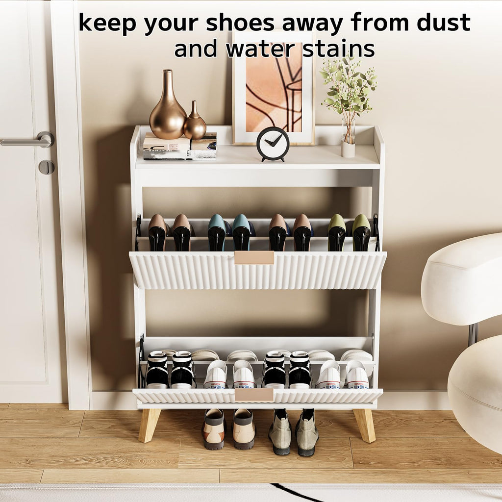 Slim Shoe Storage Cabinet, 2 Flip Drawers Wood Shoe Organizer with Fluted Panel, Secure Fence Top for Plants &