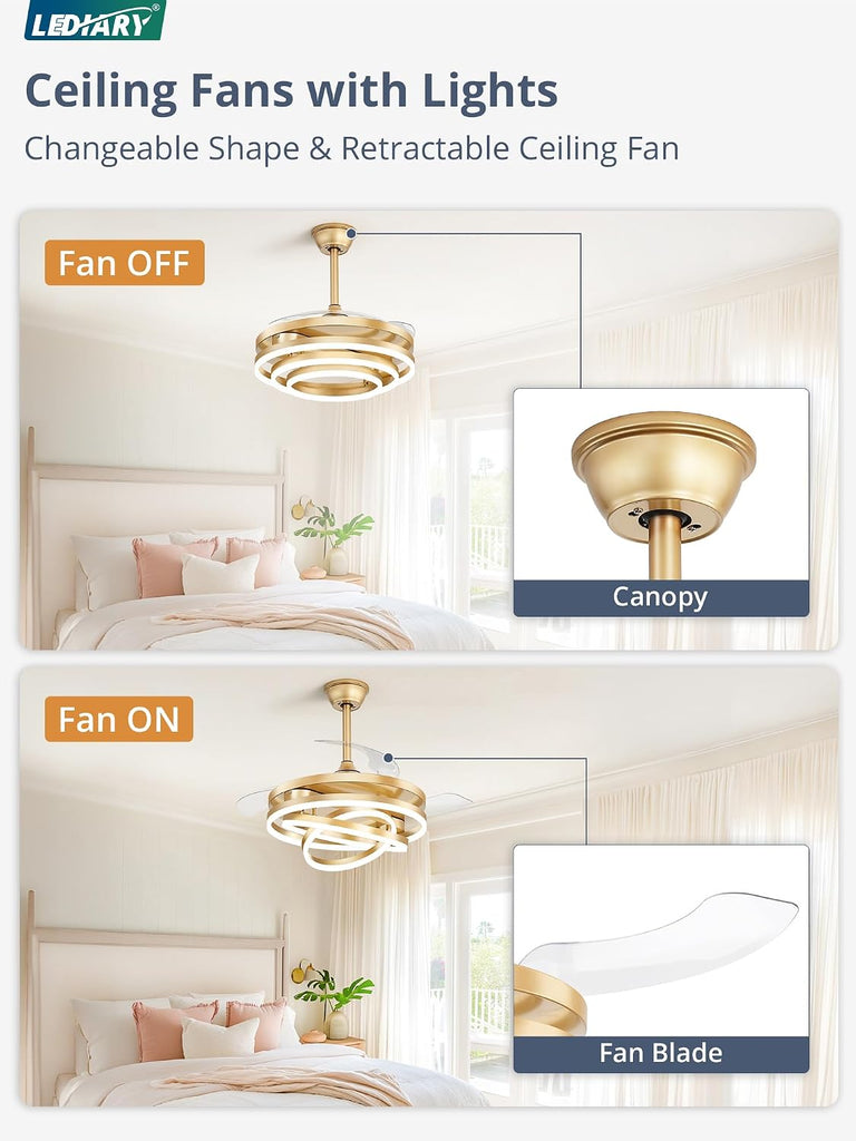42 Inch Retractable Ceiling Fan with Lights, Modern Gold Fandelier