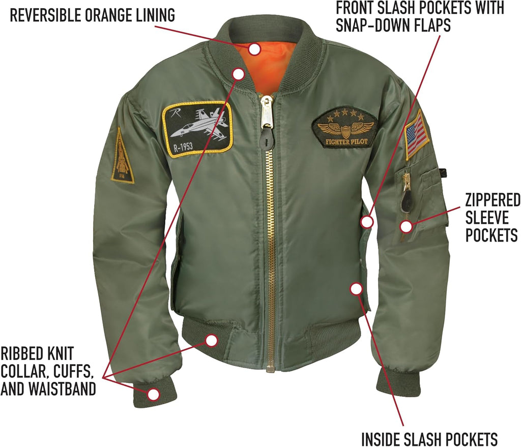 Kids Flight Jacket with Patches - Warm & Comfortable Outdoor Bomber Aviator Pilot Coat