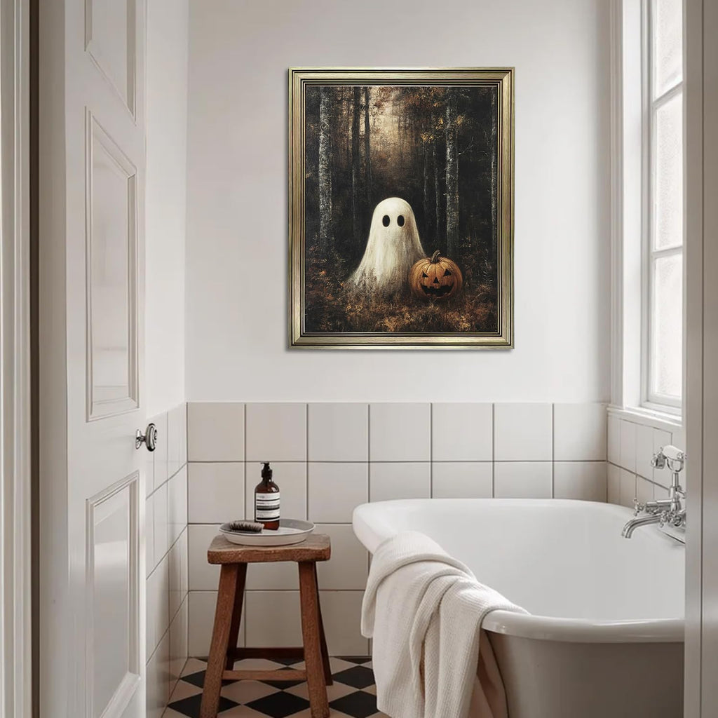 Framed Vintage Halloween Painting Dark Forest With Ghosts Wall Art Rustic Farmhouse Canvas Print Farmhouse Picture