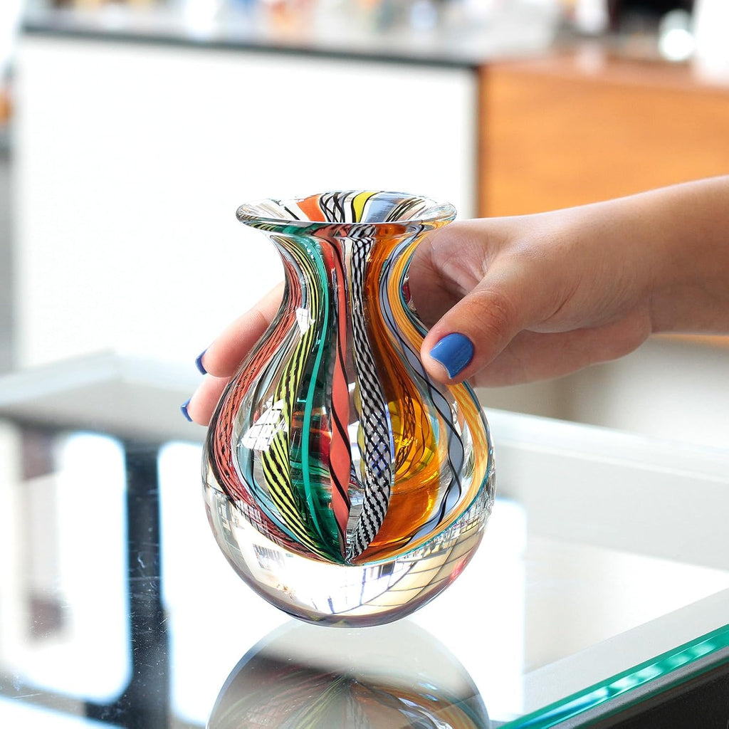 Murano Style Glass Vase Hand Blown Colored Canes Boho Effect Home Decor | Hand Blown Glass Vase, Decorative Table