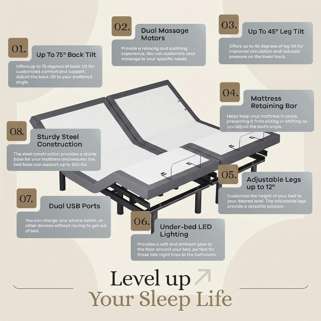 Classic Adjustable Bed Base, Head and Foot Lift, Massage, Under-Bed Lights, USB, Gel Memory, Zero Gravity Smart Frame