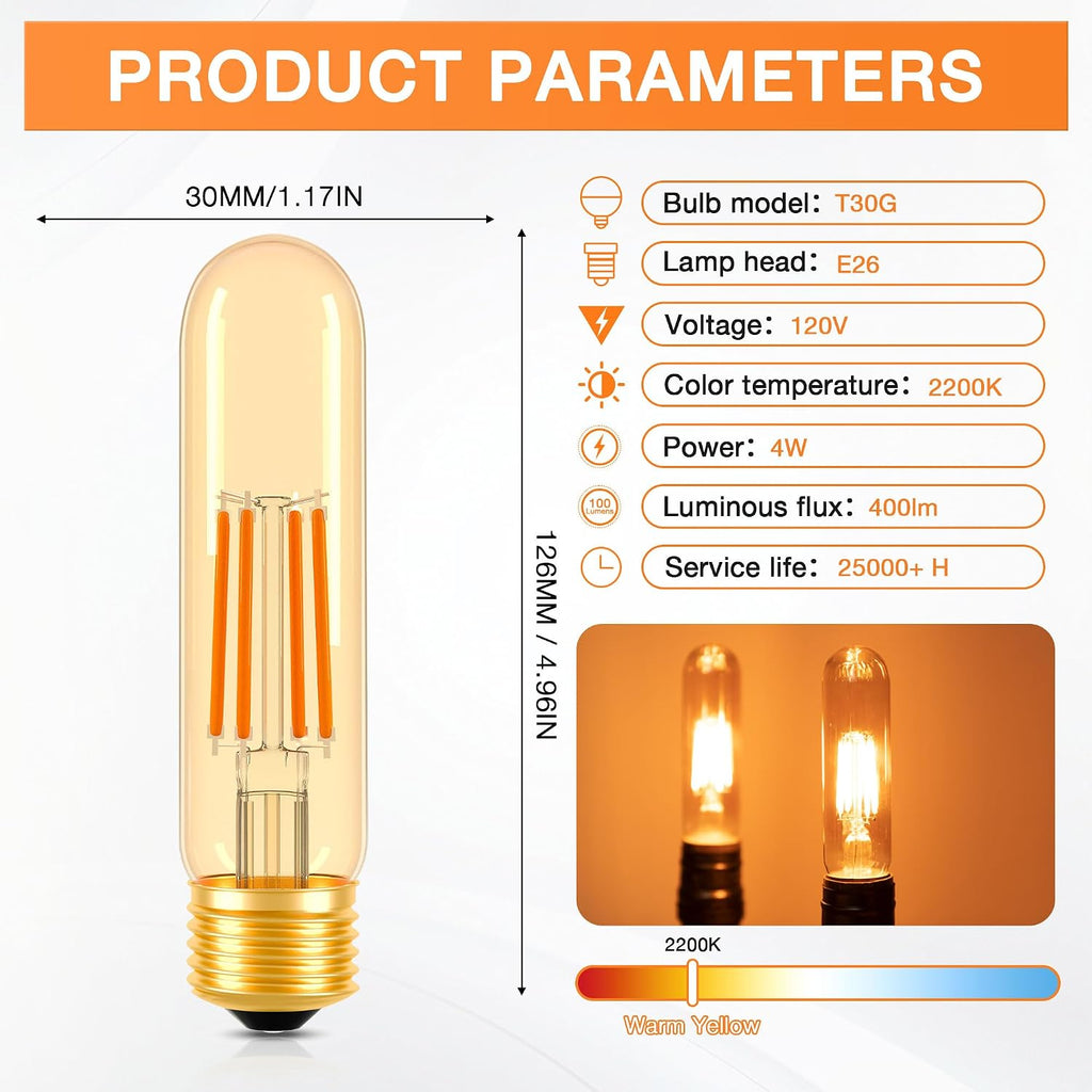 E26 T10 LED Bulb 4W Equivalent 40W 2200K Amber Warm White 2 Pack