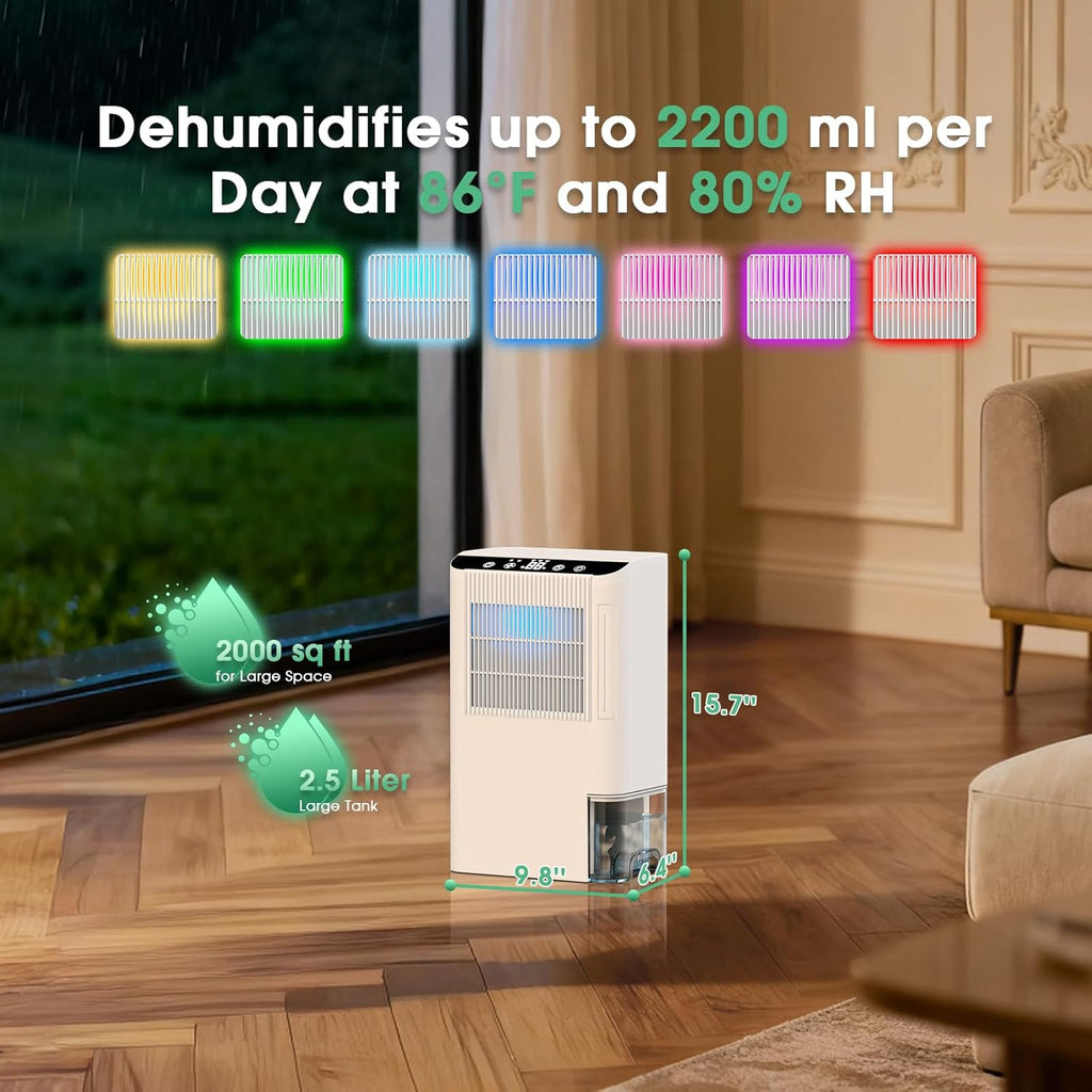 Dehumidifiers for Home, 2000 Sq.Ft Small Dehumidifier with 3.3ft Drain Hose, 2.5L Tank, Timer Sleep Mode