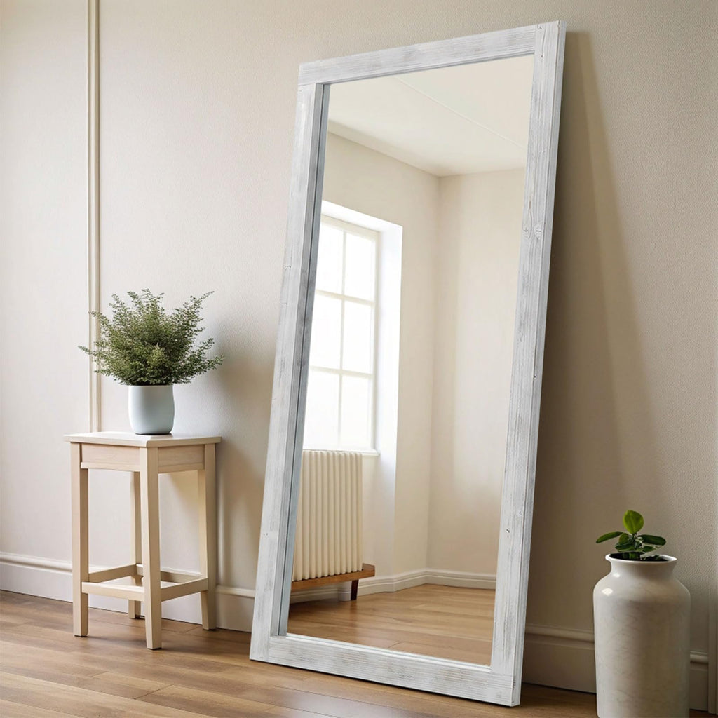 Rustic Farmhouse Full Length Mirror with Stand 71"x32", White