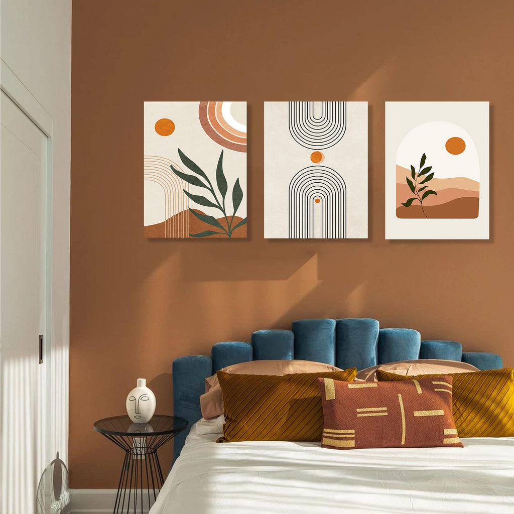 Boho Wall Art Set of 3, MidCentury Modern Wall Prints Framed Canvas Paintings Minimalist Abstract Geometric Beige
