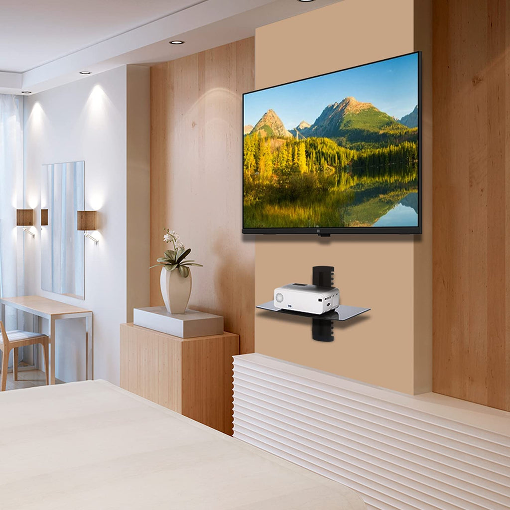 1 Tier Glass Floating TV Wall Shelf for Projector, DVD Players
