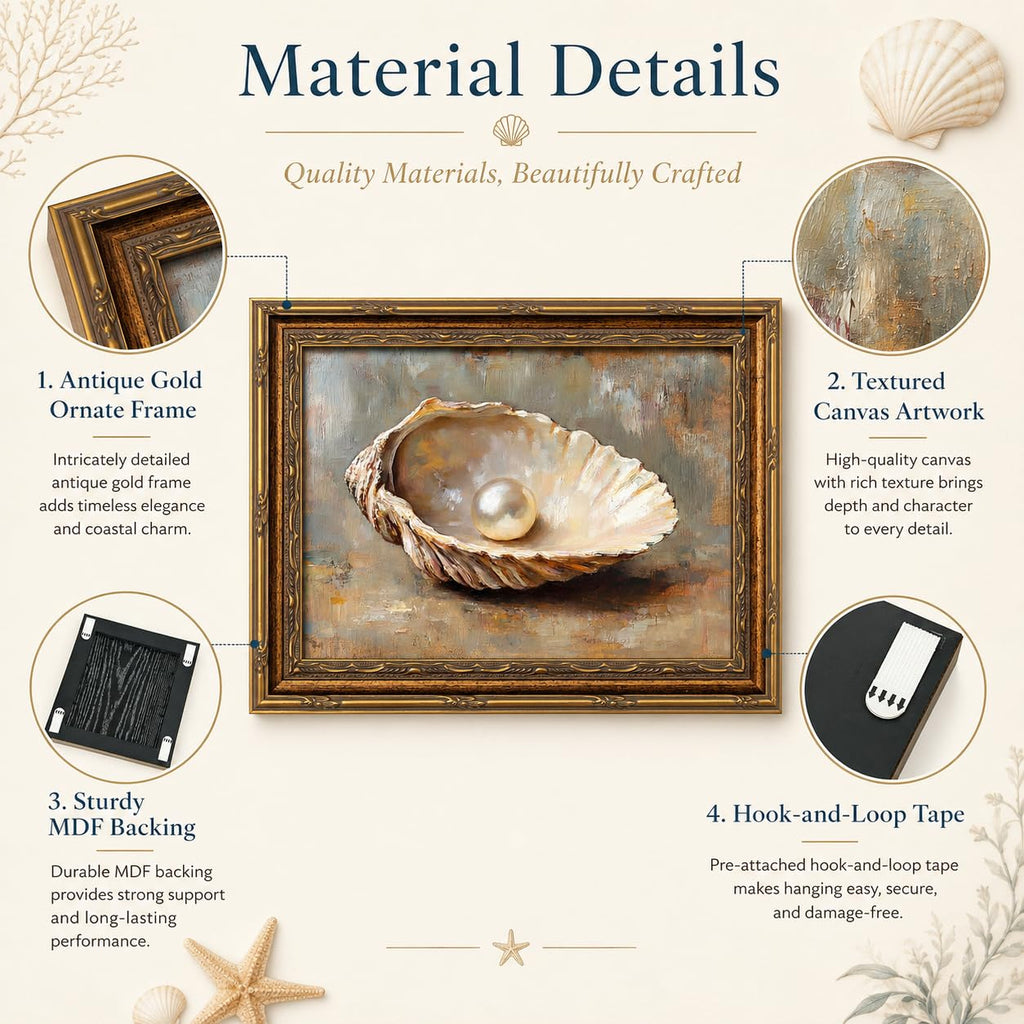Vintage Gold Framed Oyster Shell Pearl Canvas Wall Art 12x16 Inch