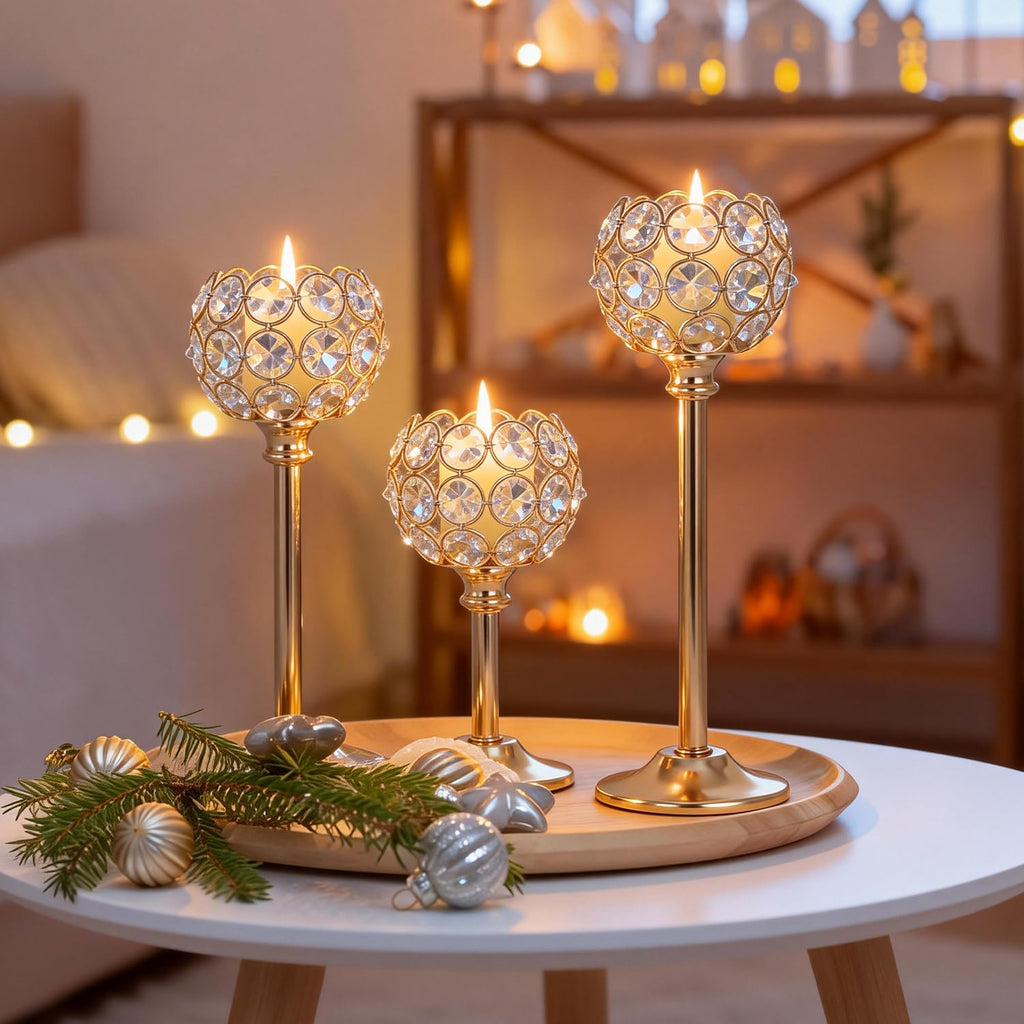 Crystal Candle Holders 2 Set of 6 - Gold Vintage Hollow Ball Candle Stand for Table Centerpiece, Crystal Metal