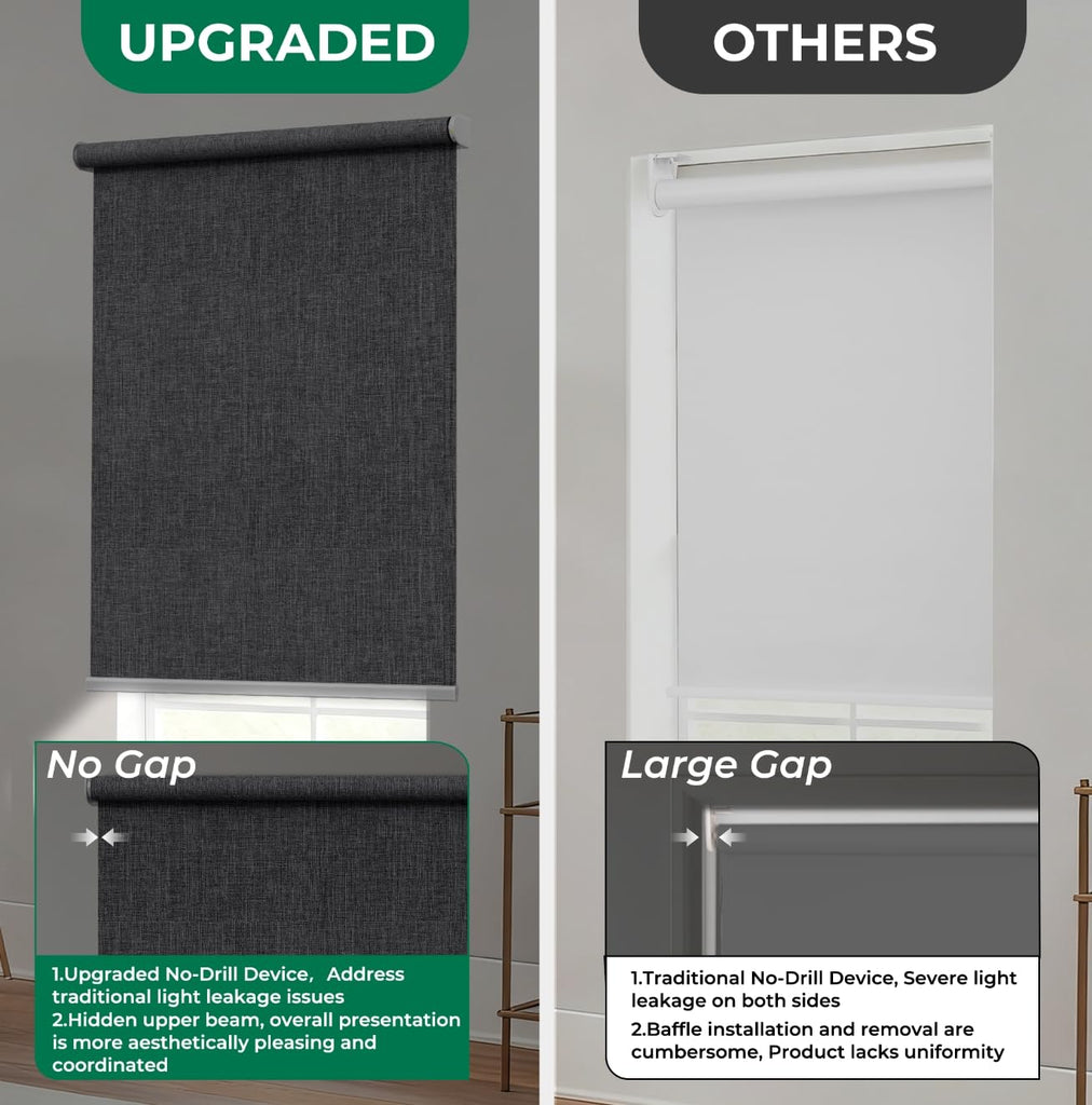 No Drill Motorized Roller Blinds, Outside Mount Installation Electric Blackout Blinds with Remote, Compatible with