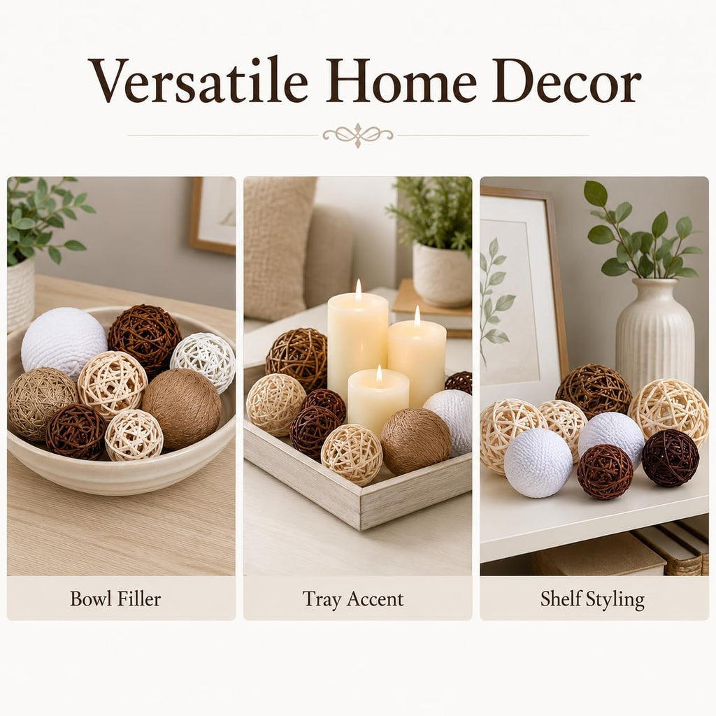 Decorative Ball for Centerpiece Bowls, Handmade Rattan Balls and Rope Balls with 1.6-3.2 Inches, Vase Bowl - Set of 12