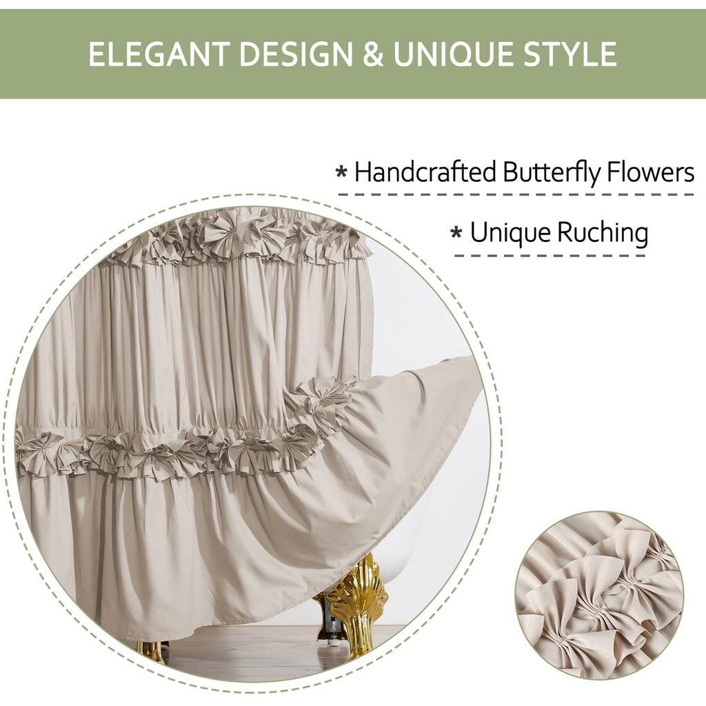 Camel Ruffle, Vintage Handcrafted Bow Tie Bath Curtain for Master Bathroom, Ruched Microfiber Bathroom Curtain with