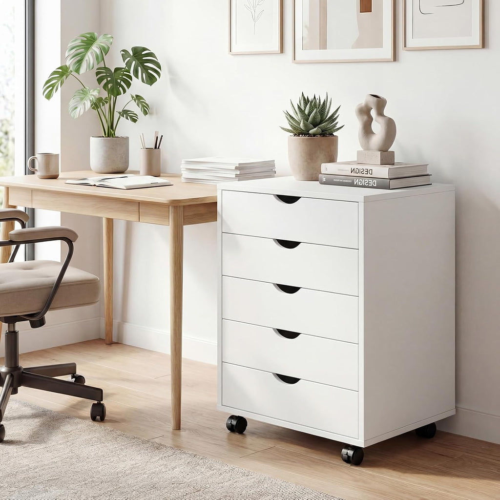 5 Drawer Mobile File Cabinet, Printer Stand with Wheels | Wood Under Desk Storage Cabinet, Rolling Printer Cart