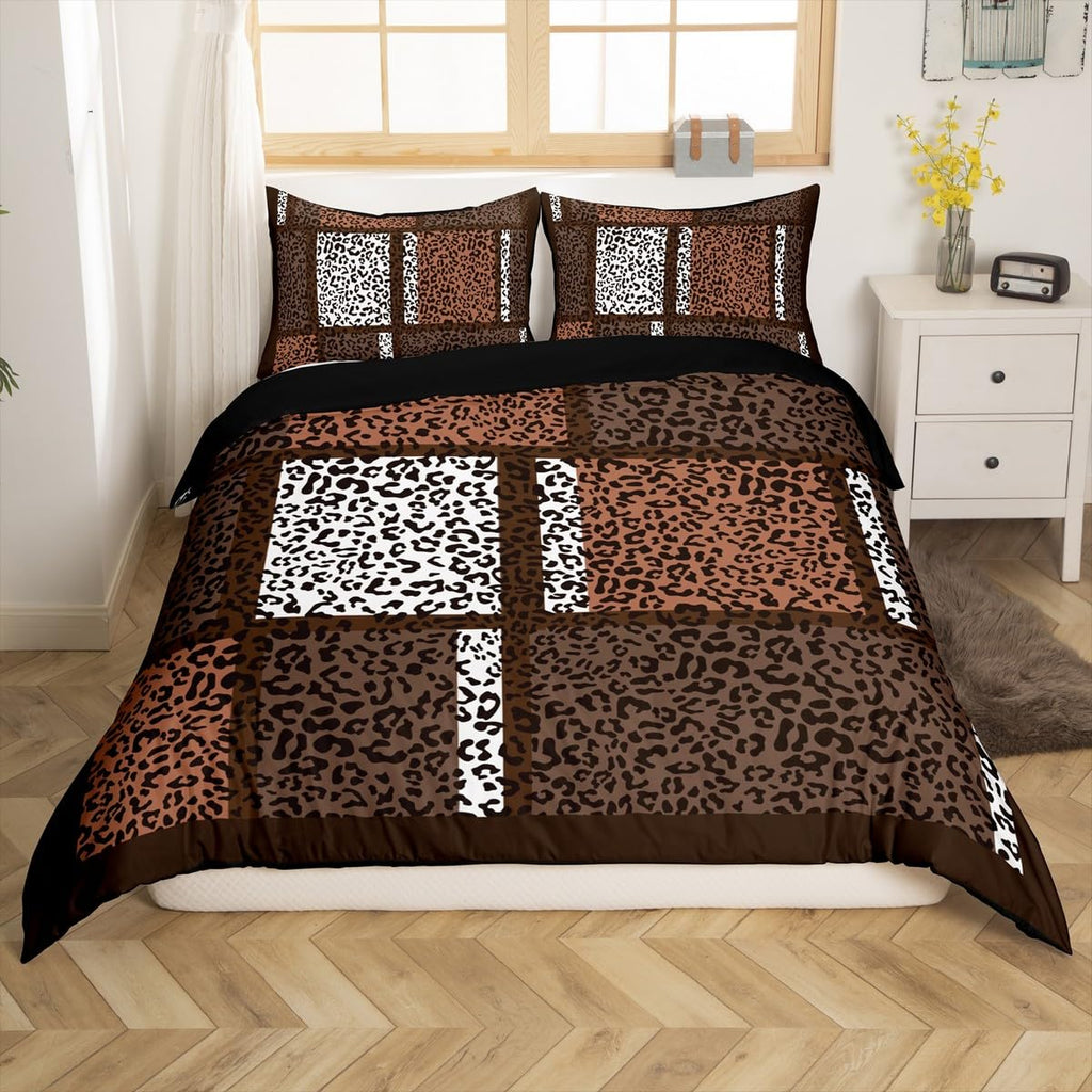 Leopard Print Duvet Cover Queen Size African Cheetah Wildlife Patchwork Comforter Cover for Teens Adults Brown White