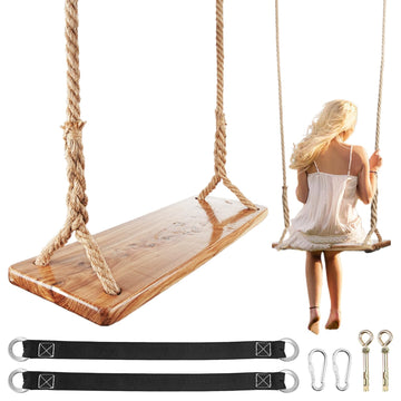 Wooden Tree Swing, 500lbs Load Capacity Heavy-Duty Wooden Swing Seat for Adults & Kids, Adjustable Hemp Rope Tree