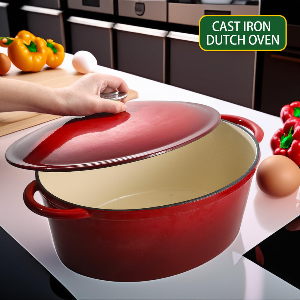 9.6 QT enamel cast iron dutch oven, red gradient color,cast iron pot (9.6 QT)