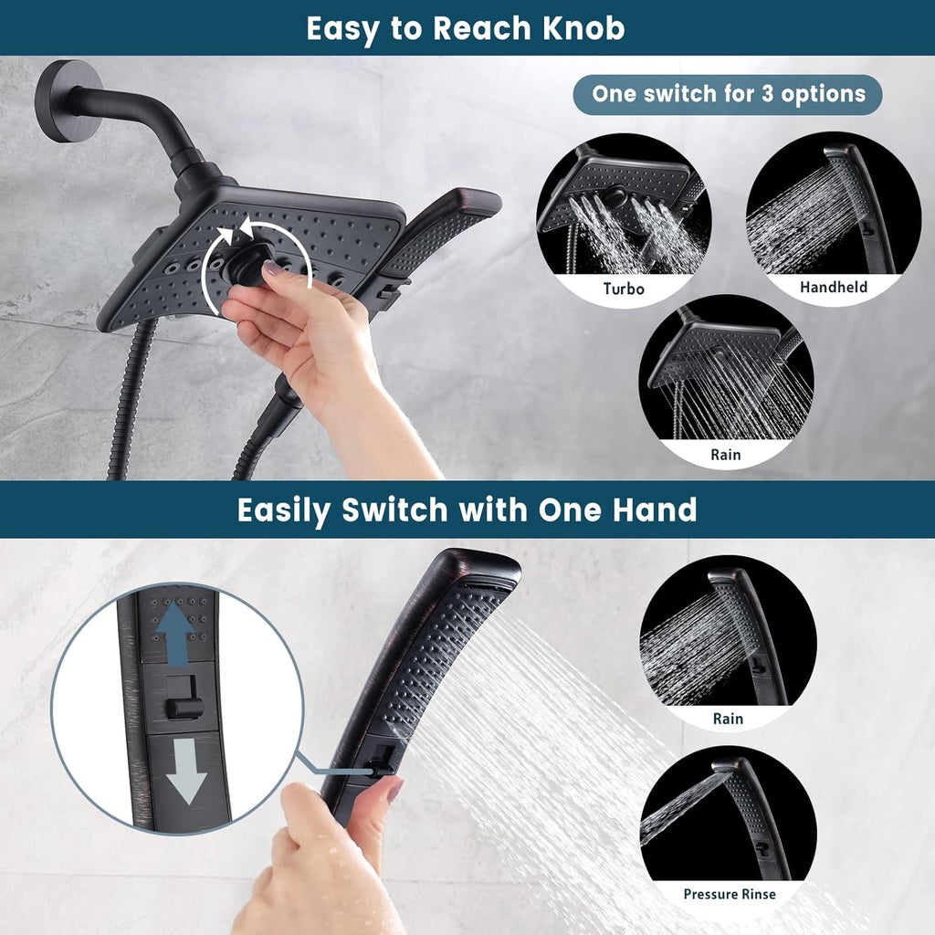 High Pressure Shower Head with Handheld, Oil Rubbed Bronze Dual Showerhead Combo with Rainfall Spray