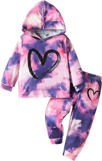 Toddler Baby Girls Clothes Long-sleeve Tie Dye Hoodie Pullover and Sweatpants Heart Print Hooded Outfits Set