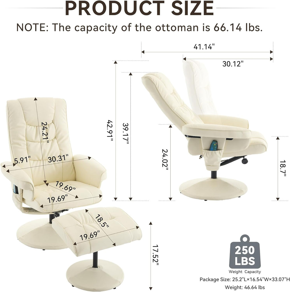 Modern Reclining Swivel Lounge Chair and Ottoman — Beige PU Leather