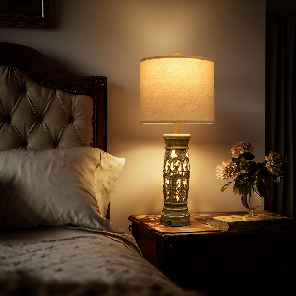 27.25"Farmhouse Table Lamps Set of 2 with Night Light, Rustic Bedside Lamp