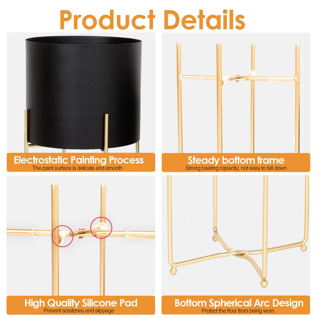 Modern Planters Stand with Pot, Mid Century Tall Black Planter with Gold Plant Stand, Floor Planter for Indoor Plants