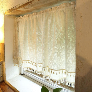 Boho Curtain Valance Window Semi-Sheer Retro Cotton Lace Leaves Pattern Short Curtains Country Window Treatment Decor