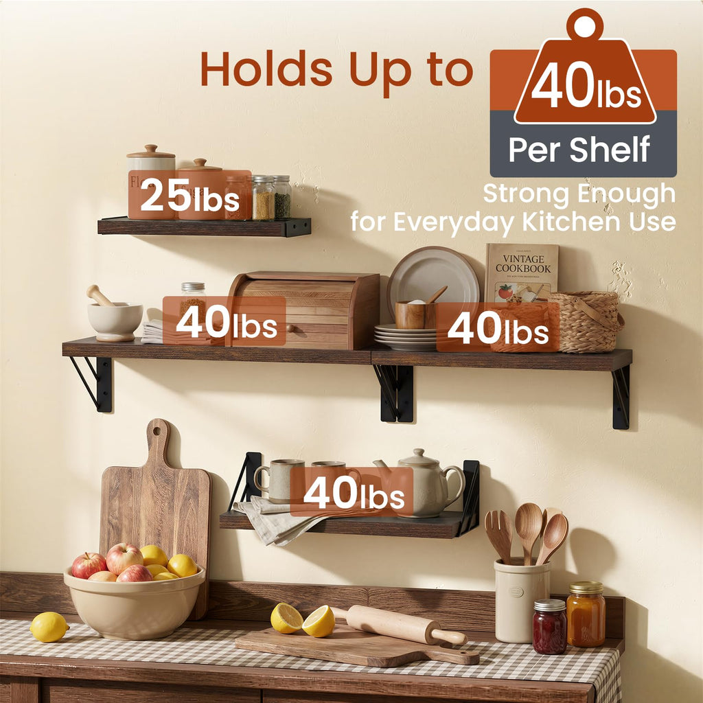 Wall Mounted Floating Shelves (Rustic Brown, Set of 4, 16" Mixed)